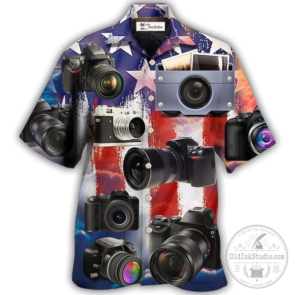 American Flag Camera Photography Independence Day Hawaiian Shirt