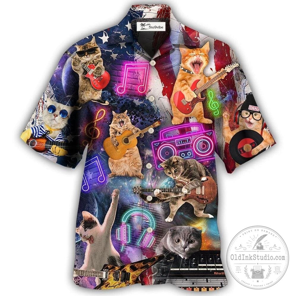 American Flag Hawaiian Shirt for Independence Day with Rock and Roll Cats Design