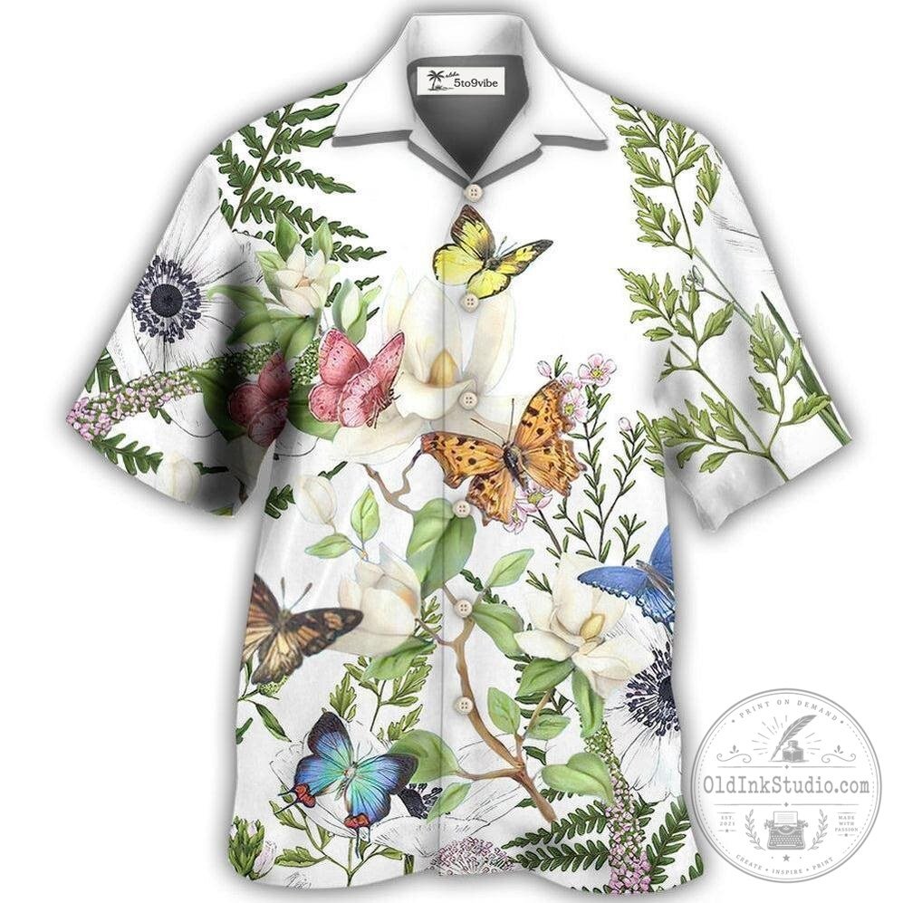 Beautiful Butterfly Floral White Botanical Garden Hawaiian Shirt