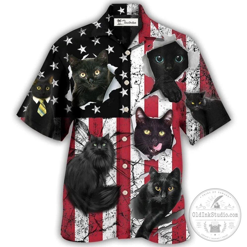 Black Cat Independence Day American Flag Hawaiian Shirt