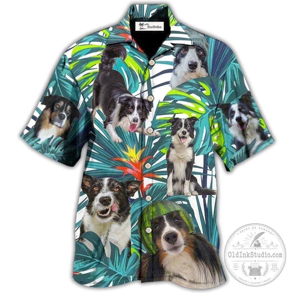 Border Collie Dog Tropical Leaf Pattern Hawaiian Shirt