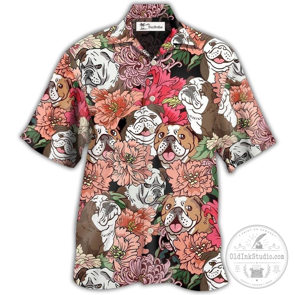 Cute Bulldog And Pink Floral Pattern Hawaiian Shirt