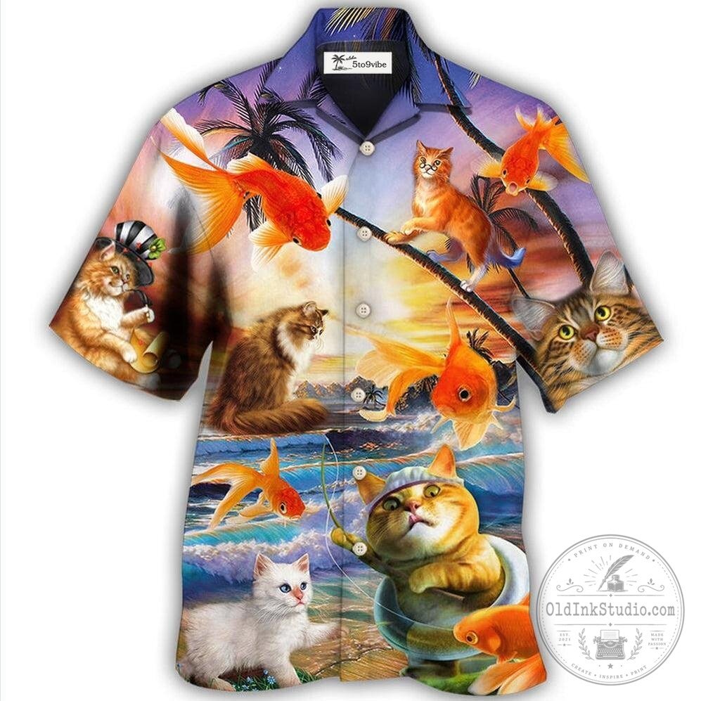 Cute Cats Fishing for Goldfish Sunset Hawaiian Shirt