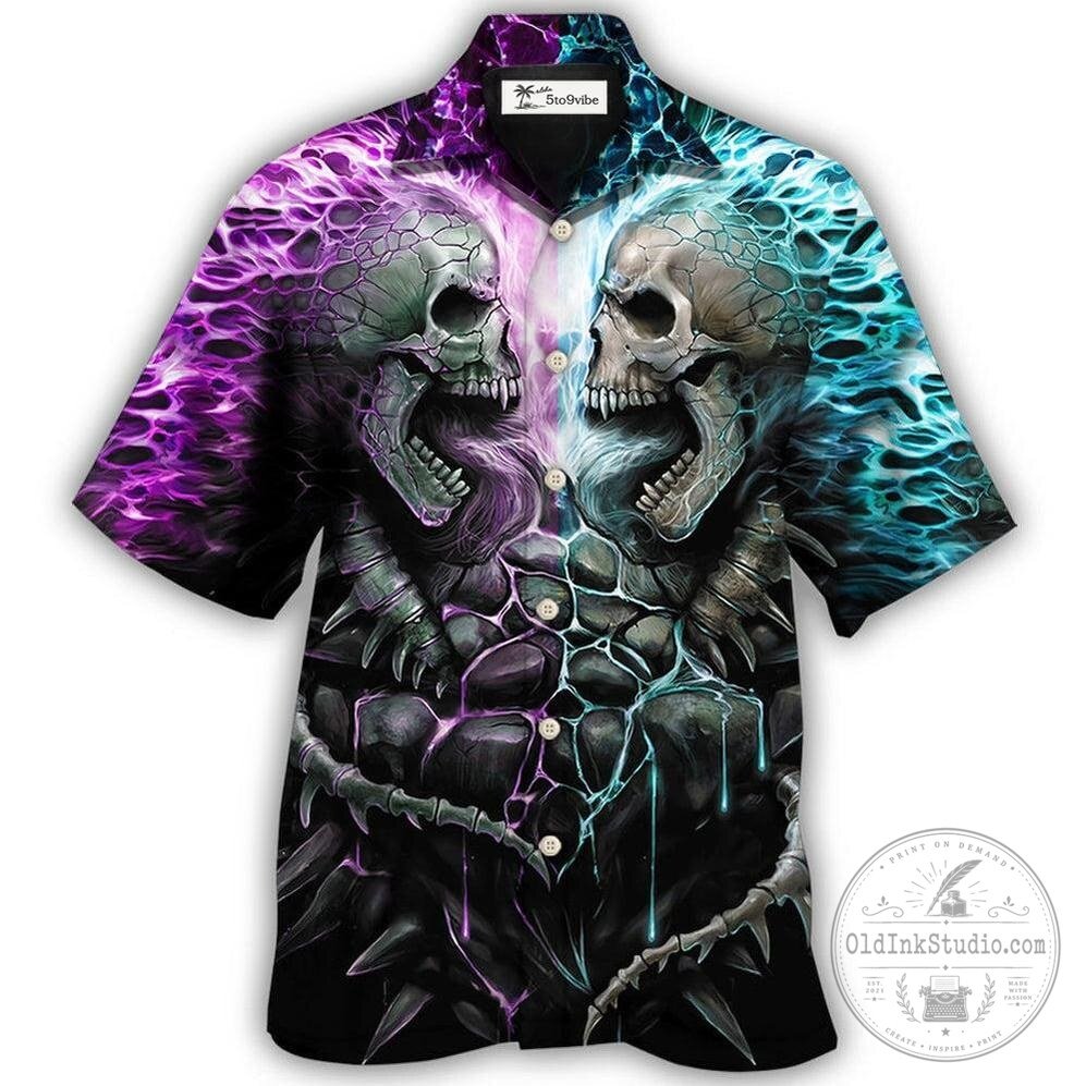 Flaming Skull Heads Purple Blue Fire Rock Hawaiian Shirt