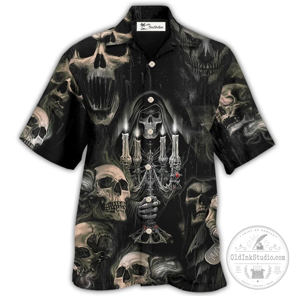Gothic Horror Skull Reaper Candelabra Black Hawaiian Shirt