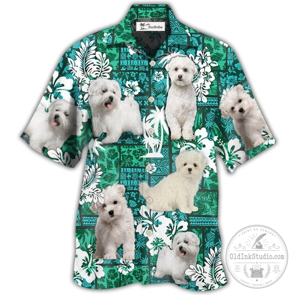 Maltese Dog Green Tropical Floral Pattern Hawaiian Shirt
