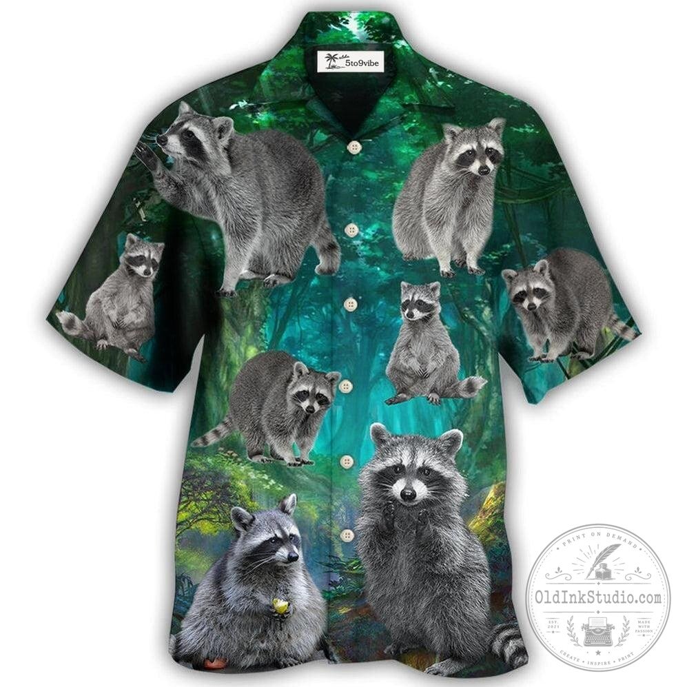 Raccoon Forest Green Hawaiian Shirt