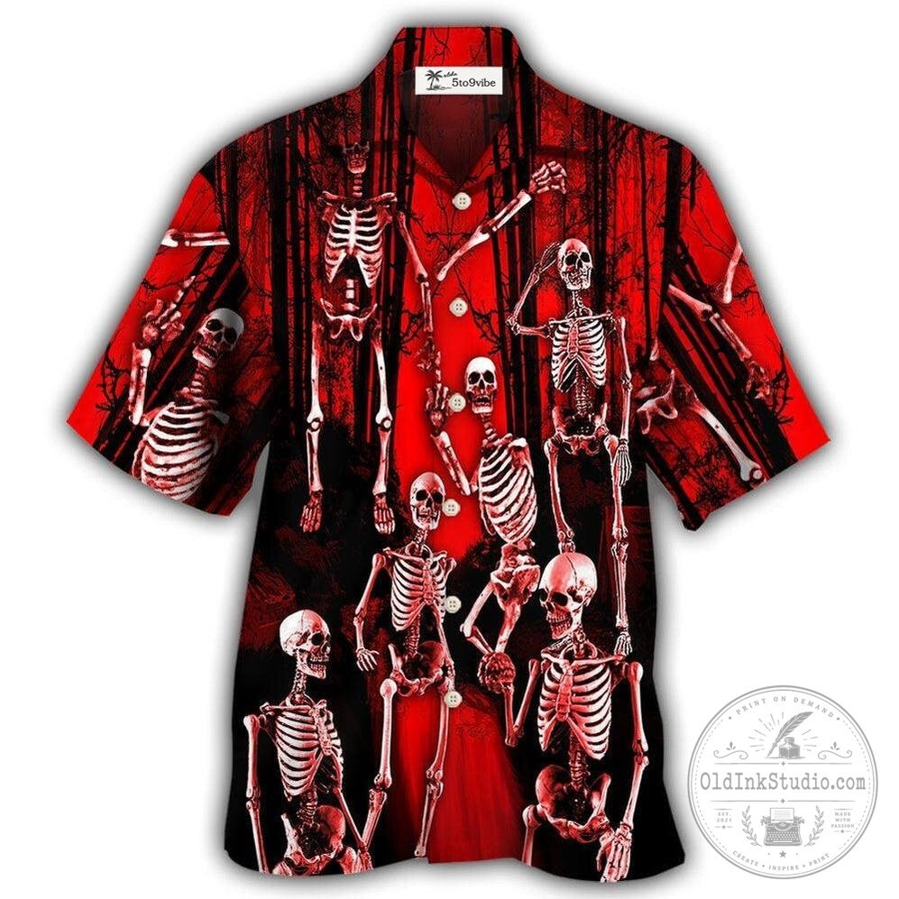 Red Forest Skeleton Horror Halloween Hawaiian Shirt for Men