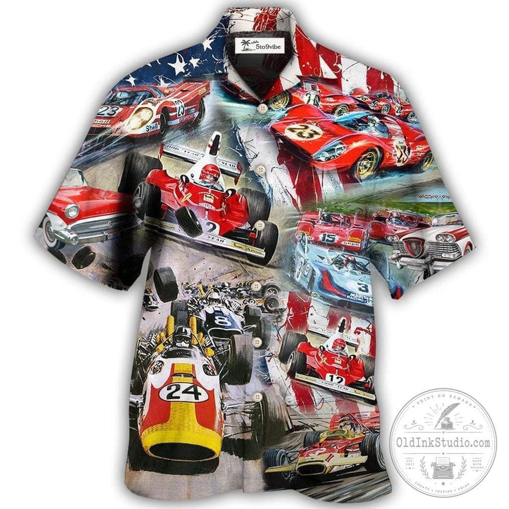 Vintage Race Car American Flag Independence Day Hawaiian Shirt